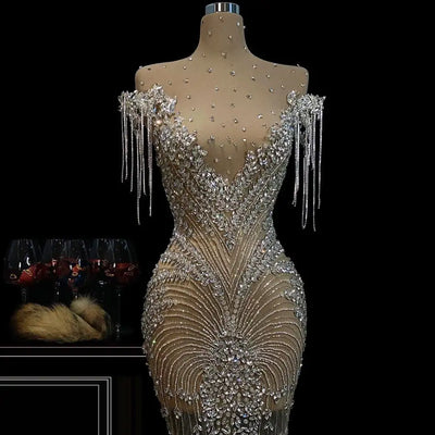 Short Illusion Cocktail Party Dresses Minin Evening Gowns 2021 Custom Made Crystals Beading Tassel Women Evening Wear Plus Size