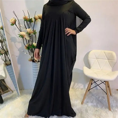 Eid Stretchy Pleated Baggy Long Maxi Dress Abaya Muslim Women Fashion Solid Color Long Sleeve Hijab Dress Islam Robe Modest Wear
