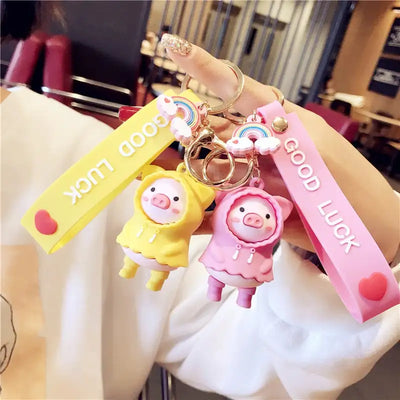 PVC Cartoon Raincoat Pig Doll Metal Keychain Pink Yellow Blue Trinket Girl Boy Pendant Bag Car Key Ring Jewelry Lanyard Gift