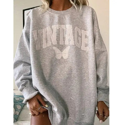 Letter Print Gray Pullover Vintage Sweatshirt Women Teens  Long Sleeve Casual Streetwear USA England Style Plus Size