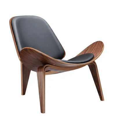 Furgle Mid Century Lounge Chair Replica Shell Chair Modern Tripod Plywood Lounge Chair 3 Wood Colors with Black Leather Chairs