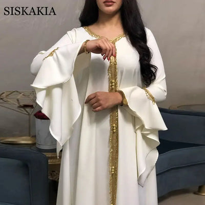 Siskakia Jalabiya Kaftan Dress For Women Dubai Turkey Golden Ribbon Embroidery Loose Muslim Arabic Islamic Clothing White 2020