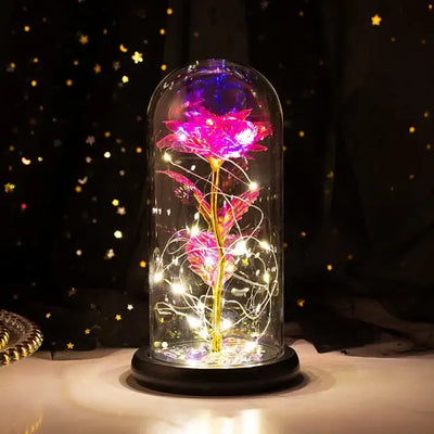 Artificial Eternal Rose LED Light Beauty The Beast In Glass Cover Home Decor For New Year Valentines Christmas Mothers Day Gift