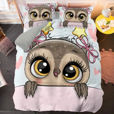 Cartoon Pink Owl Bedding Set For Girl Kids Teenager Cute Duvet Cover Sets Twin Full Queen King Size Bed Linen Bedclothes