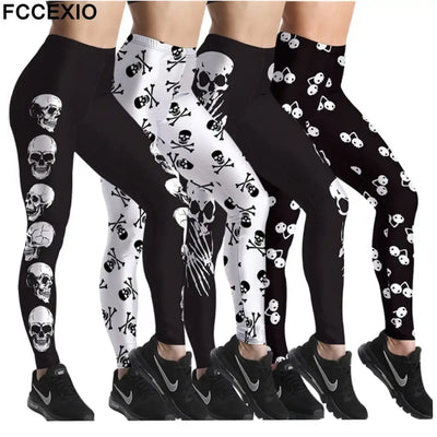 FCCEXIO 2021 New Pattern 3D Skull Head Print Women High Waist Legging Fashion Plus Size Fitness Elastic Skeleton Leggings