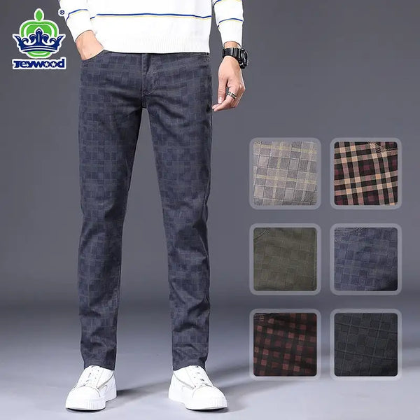 Jeywood Brand Men's Slim Plaid Casual Pants High Quality 98%Cotton Stretch Classic Clothing Fashion Fit Trousers Large Size40 42