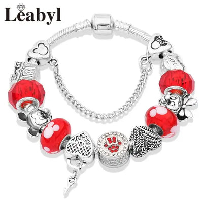 Classic Design Red Crystal Mickey Minnie Pendant Bead Bracelet Silver Color Heart Charm Jewelry Bracelet Pulsera Mujer
