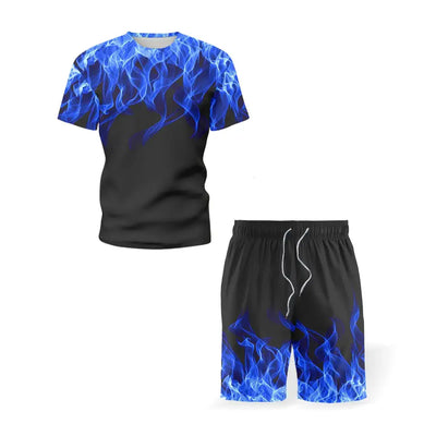 Men's 3D Flame T-shirt Set Harajuku Short Sleeve Casual Sports Street Wear Trend Short Sleeve + Shorts