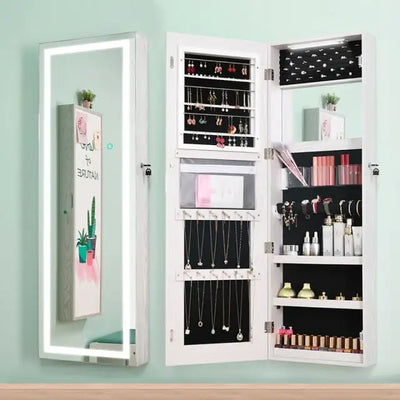 KingYee LED jewelry storage box, full-length mirror wall-mounted door jewelry cabinet, storage cabinet, bedroom mirror storage