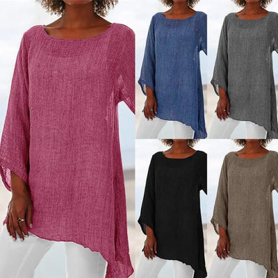 Plus Size Versatile Comfortable Multiple Occasions Women Solid Color Linen O-Neck Long Sleeve Irregular Tunic Top T-Shirt Неровн