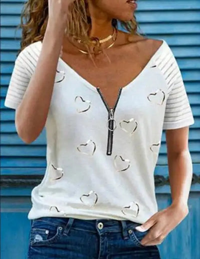 Heart Print Women's Casual T Shirt V Neck Zipper Loose Short Sleeve Top Summer Fashion Sexy Plus Size Clothing Top De Mujer
