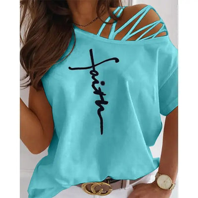 New Summer Off Shoulder Casual Short Sleeved T Shirts Women's Sexy Letter Printed Oversize Plus Size Fashion Clothes Tops