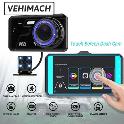 1080P HD Dash Cam 4 Inch IPS Touch Screen Car DVR Dashcam Dual Lens Car Video Recorder Wide Angle Front And Rear Parking Monitor