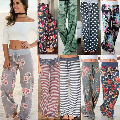 Leosoxs Spring  Loose Beach Women's Pants Fashion Floral Print Drawstring Wide Leg Ladies Long Pants Sweatpants Plus Size