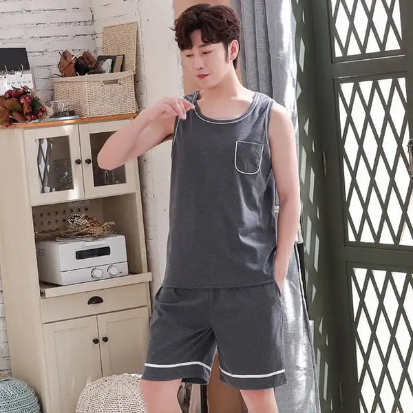 New Style Men's Pajamas Set Summer Thin Cotton Male Pajamas Sets Vest Sleepwear Sleeveless Tops + Shorts 2pcs/set L-XXXXL