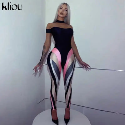 Kliou Color Blocking Women Leggings High Waist Stretchy Skinny Striped Fitness Pants Color Match Streetwear Slim Clothing