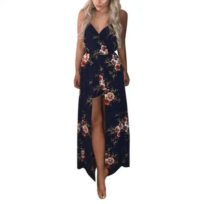 Fashion Bohemia Split Long Maxi Dress Womens Rose Printed Boho Beach Shorts Irregular Hem Party Dresses Wholesale