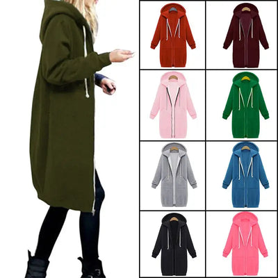 Women's Autumn Winter Thickening Hoodies Leisure Loose Hooded Jackets Zipper Pockets Plus Size Sweatshirt Sports Dresses Outwear