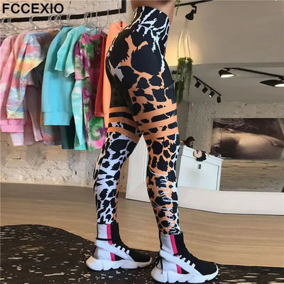 FCCEXIO Leopard Stripe 3D Print Women's Pants Push Up Running Sports Leggings Slim Pants Female Casual Trousers Fitness Leggings