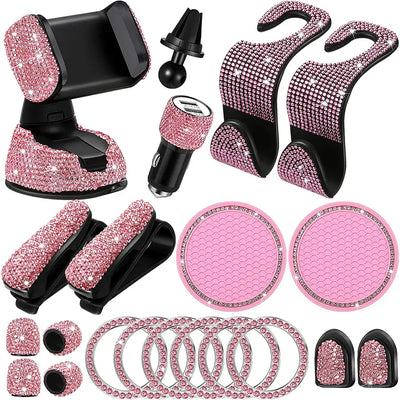 20pcs-Set Car Accessories for Women Interior Cute Set Pink Bling for Volvo XC90 XC60 Honda Toyota Nissan BMW Benz Universal Use