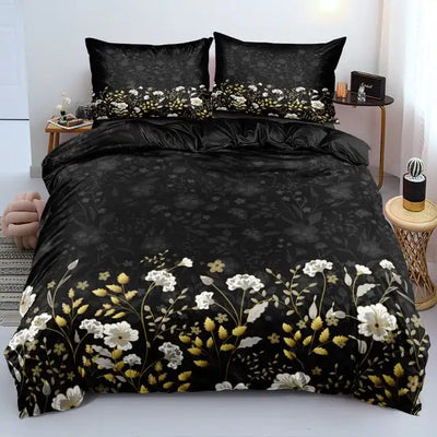 3D Design Flowers Duvet Cover Sets Bed Linens Bedding Set Quilt/Comforter Covers Pillowcases 220x240 Size Black Home Texitle