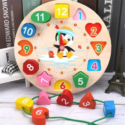 Wooden Clock Puzzle Cartoon Animal Shape Tangram Cognitive Digital Clock Kids Early Educational Threading Assembly Toys