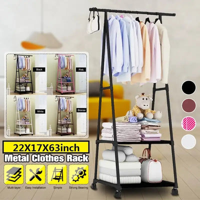 Colorful Clothes Rack Floor Standing Clothes Hanging Storage Shelf Clothes Hanger Racks w/Wheel Simple Style Bedroom Furniture