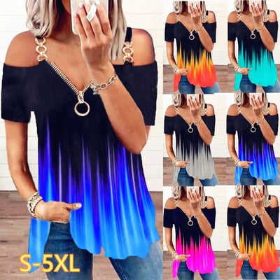 Women Tees Female 2021 Big Large Off Shoulder Summer Zipper Boho Sexy Casual Tops Femme Hole Out Ladies T Shirts Plus Sizes