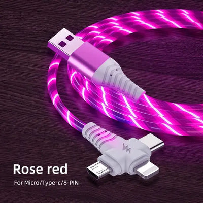 3in1 Flow Luminous Lighting usb cable for iPhone 13 12 11 Pro 3 in 1 2in1 LED Micro USB Type C 8-Pin charger for Huawei Xiaomi