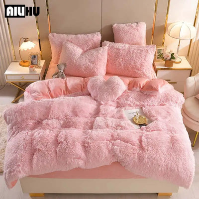 Luxury Plush Pure Color Shaggy Warm Fleece Girl Bedding Set Mink Velvet For Home Double Duvet Cover Set Bed Sheet Pillowcase