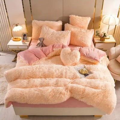 Luxury Plush Pure Color Shaggy Warm Fleece Girl Bedding Set Mink Velvet For Home Double Duvet Cover Set Bed Sheet Pillowcase