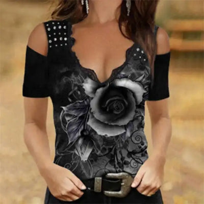 Women Sexy V Neck Cold Shoulder Shirts Tops Rose Print Y2K Women&#39;s Short Sleeve T-Shirt Fashion Casual Loose Clothing