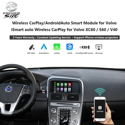 Wireless CarPlay Android Auto Retrofit Box for 2015-2019 Volvo iSmart Auto V40 XC70 XC60 S60 V60 V70 Mirroring OEM Microphone