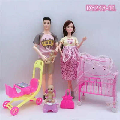 4-Person family  couple combination=11.5" Barbies pregnant doll mom/daddy/girl/stroller/dining chair children toy Christmas gift