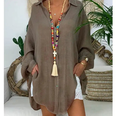 Long Sleeve Cotton Linen Blouses Shirts Button Solid Loose Female Tunic Casual V Neck Plus Size Autumn Cardigan Women's Blouses