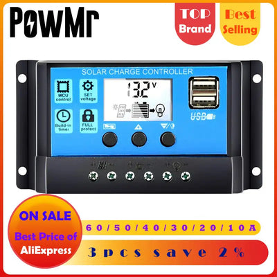 60A/50A/40A/30A/20A/10A 12V 24V Auto Solar Charge Controller PWM Controllers LCD Dual USB 5V Output Solar Panel PV Regulator