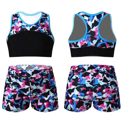 Kids Girls Ballet Gym Outfits Printed Tracksuits 2Pcs Sport Suit Tank Crop Top &  Shorts Fashion Childrens Dance Wear Yoga Set