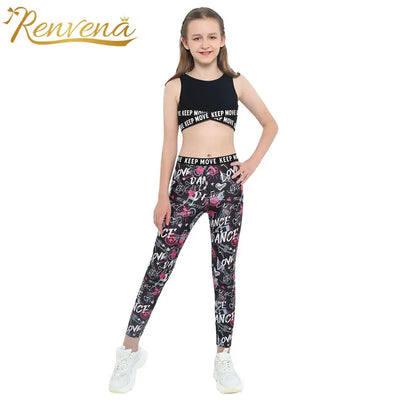 2Pcs Kids Girls Fashion Sport Suit Tracksuits Kids Clothes Set for Gym Fitness Sleeveless Crop Top Cartoon Graffiti Print Pants