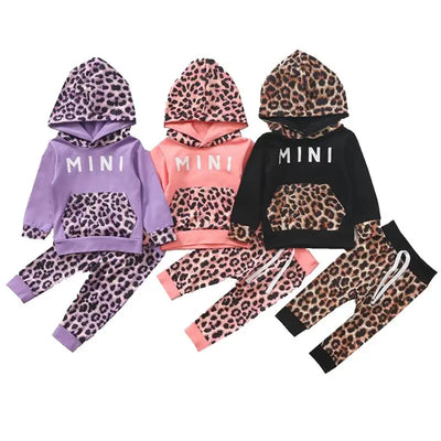 Fashion Leopard Print Trouser Girls 2Pieces Sets Suit Mini Printed Hooded Sweatshirts s Suits