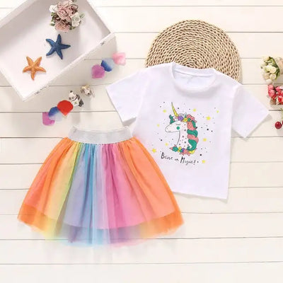 Girls Summer Skirt Suit 2020 New Childrens Pure Cotton Short Sleeved Unicorn Printing T-shirt + Rainbow Mesh Skirt 2Pcs Set