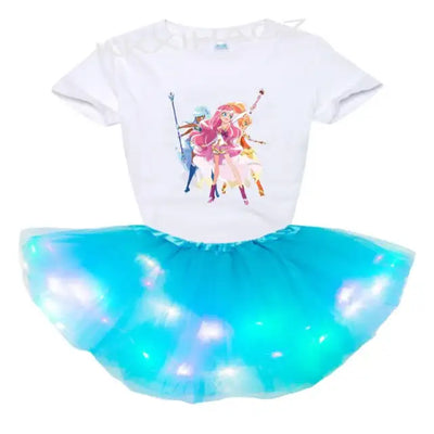 Girls Clothes Set Cartoon Print Summer Top Kids Suit T Shirt +Tutu Dress Light LED Princess Party Dress 2 Pcs Childrens Outfits
