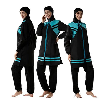 Blue Women Plus Size Thin Zipper Muslim Swimwear Hijab Muslimah Islamic Swimsuit Swim Surf Wear Sport Burkinis