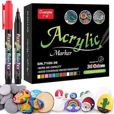 Acrylic Pen Acrylic Paint Brush Marker Pens for Fabric Canvas,Art Rock Painting,Stone,Card Making, Metal and Ceramics 36 Colors