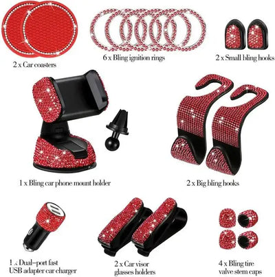 Red Car Styling Accessories for Women Interior Cute Bling Set Glitter Rhinestone Diamond Decorations Universal Use 20pcs