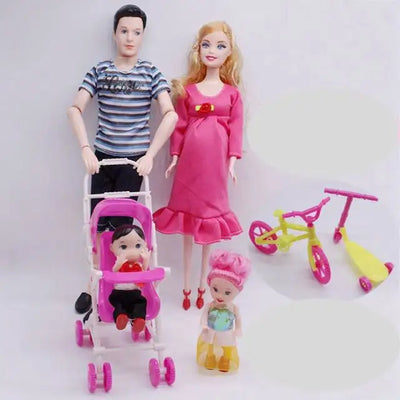 5-Person Family Couple Combination=11.5" Pregnant Doll Mom/Daddy/Girl/Boy/Baby Bike Scooter For Barbie Game Kids' Christmas Gift