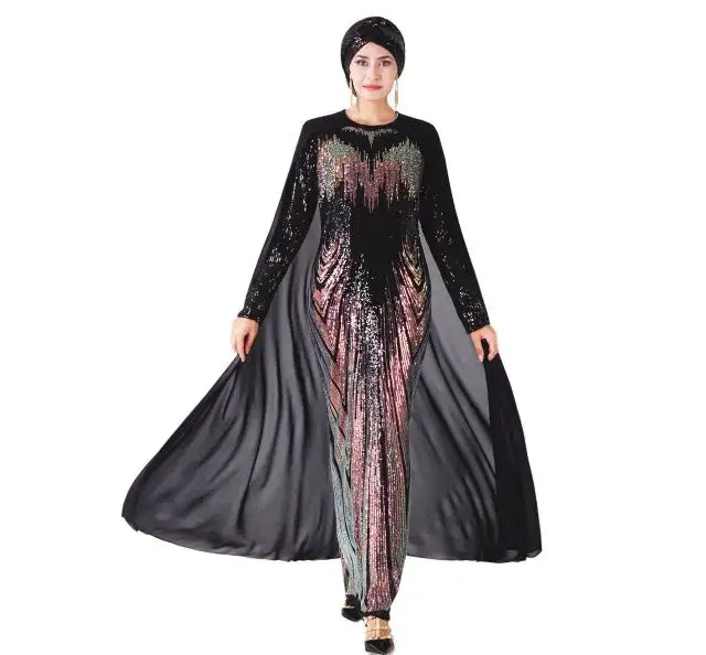 Muslim New Sequined Embroidered Cape Dress European and Turkish Islamic Evening Dress Women's Wear Muslim Dress Women