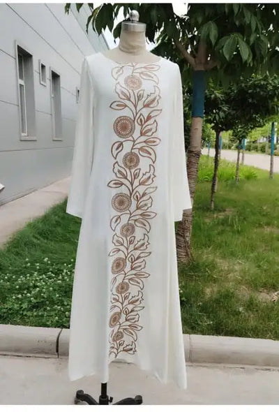 Eid Mubarak Embroidery Duai Abaya Dress Kaftan for Women Elegant Chiffon Long Sleeve White Loose Hijab Robe Muslim Islamic Wear