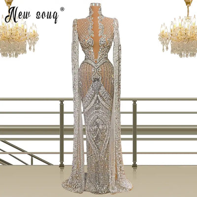 Glittery See Through Sliver Evening Dress Red Carpet Runway Gowns Robes Women Birthday Party Wear Islamic Turkish Longue Robes