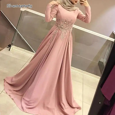 Islamic Women Evening Dresses Blush Pink Satin A Line Long Formal Occasion Wear Full Sleeve High Neck Hijab Muslim Party Gowns