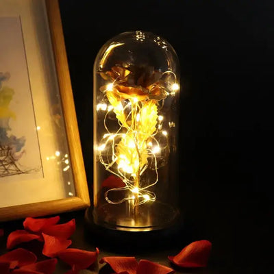 Artificial Eternal Rose  LED Light Beauty The Beast In Glass Cover Christmas Home Decor